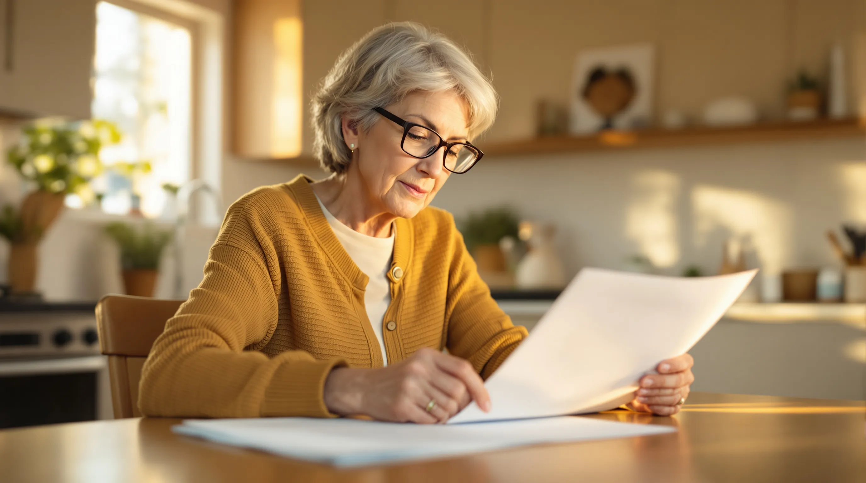 Senior woman reviewing Medicare documents at home in Texas