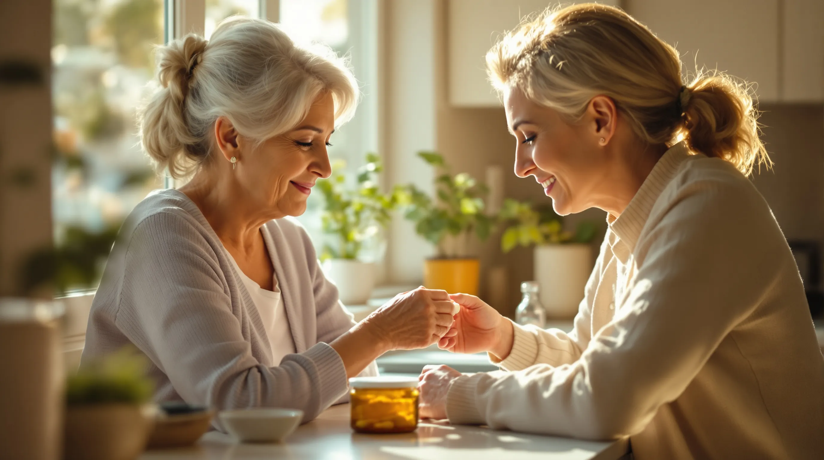 Adult daughter helping her elderly mother with medication management at home in North Carolina