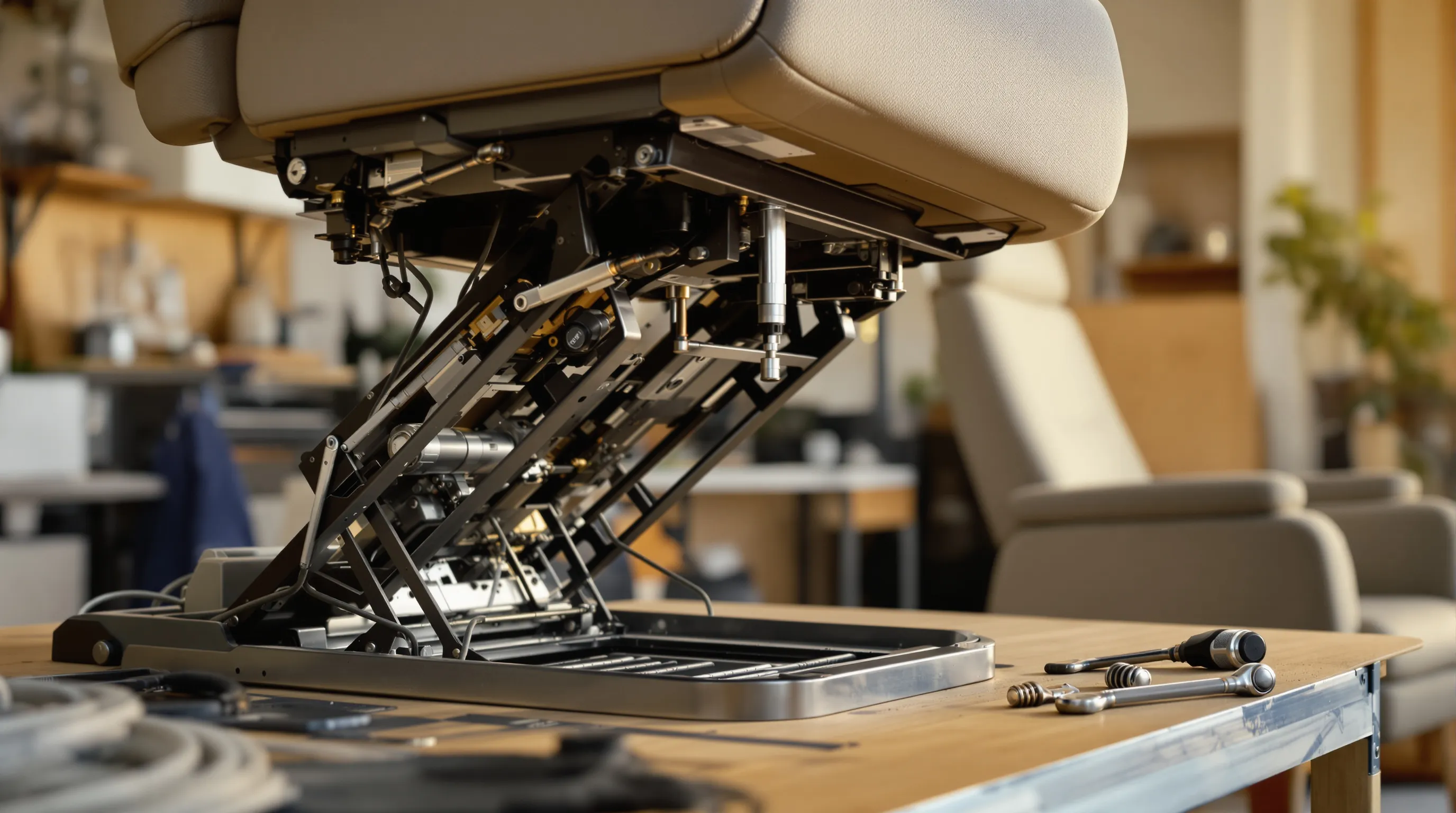 Close-up of a medical equipment supplier's workbench showing the exposed motorized seat-lift mechanism beneath a tilted lift chair, metal frame, linkage arms and motor clearly visible, with a hand control, a coil of