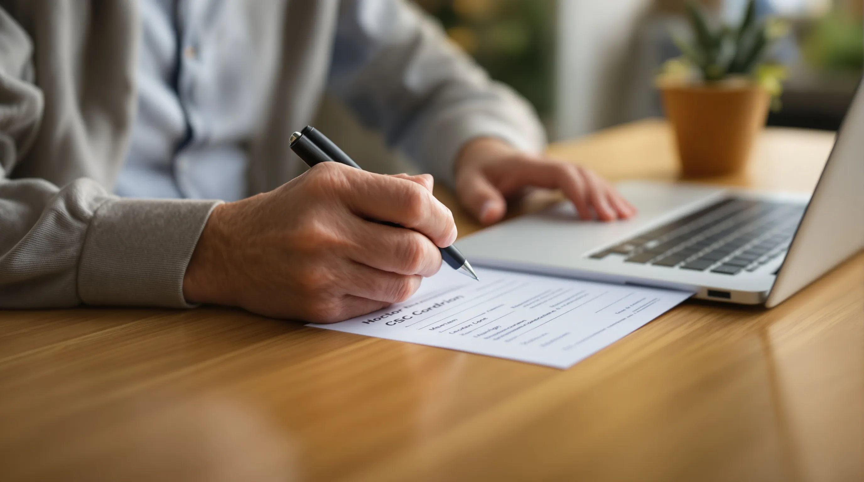 Senior reviewing a doctor's order for medical equipment at a kitchen table