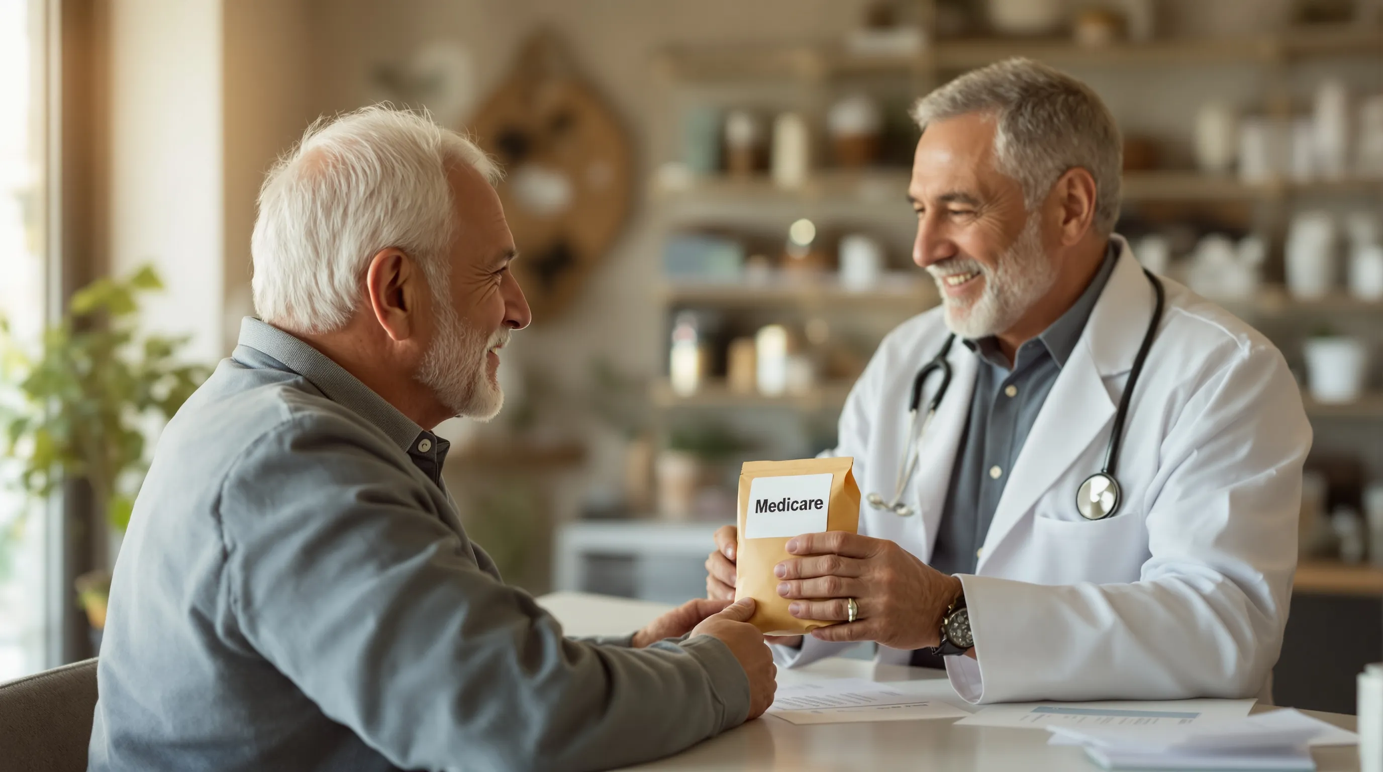 Pharmacist providing branded GLP-1 prescription to Medicare patient at pharmacy counter