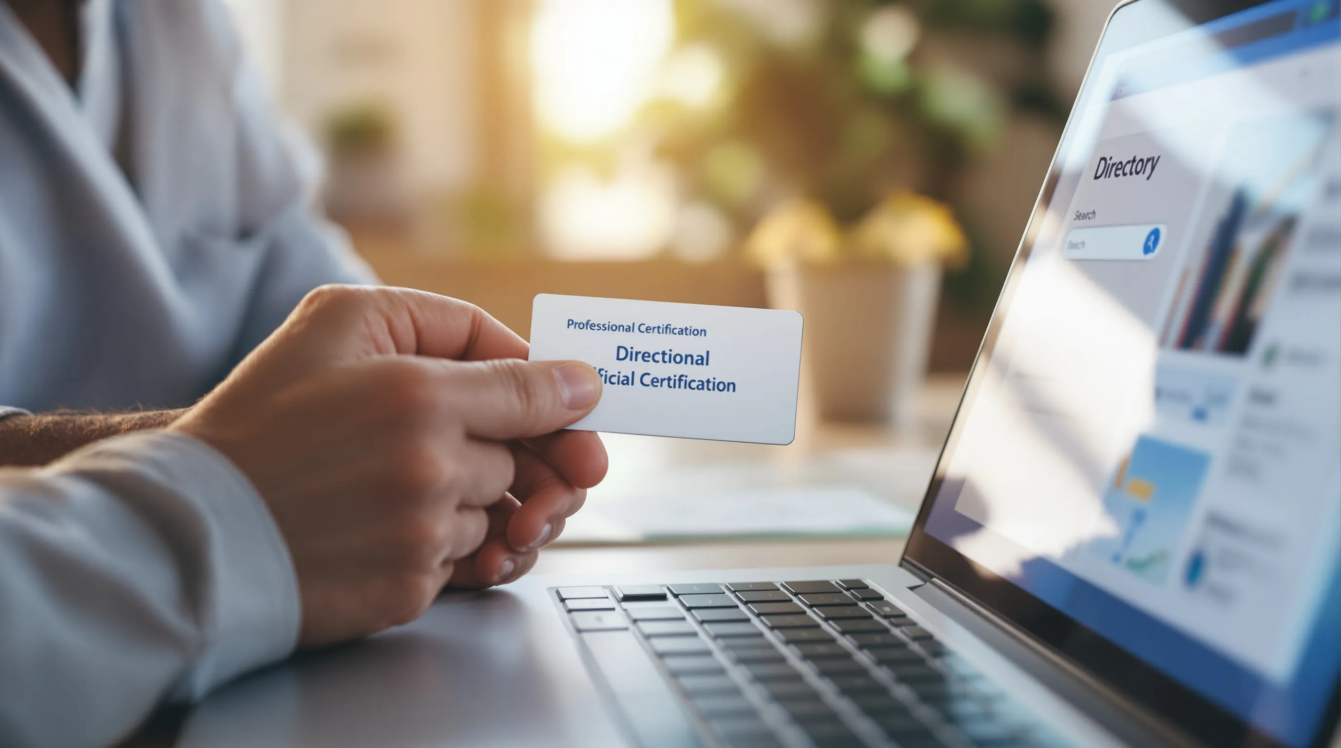 A patient advocate's BCPA certification card held next to a laptop showing a credential verification directory