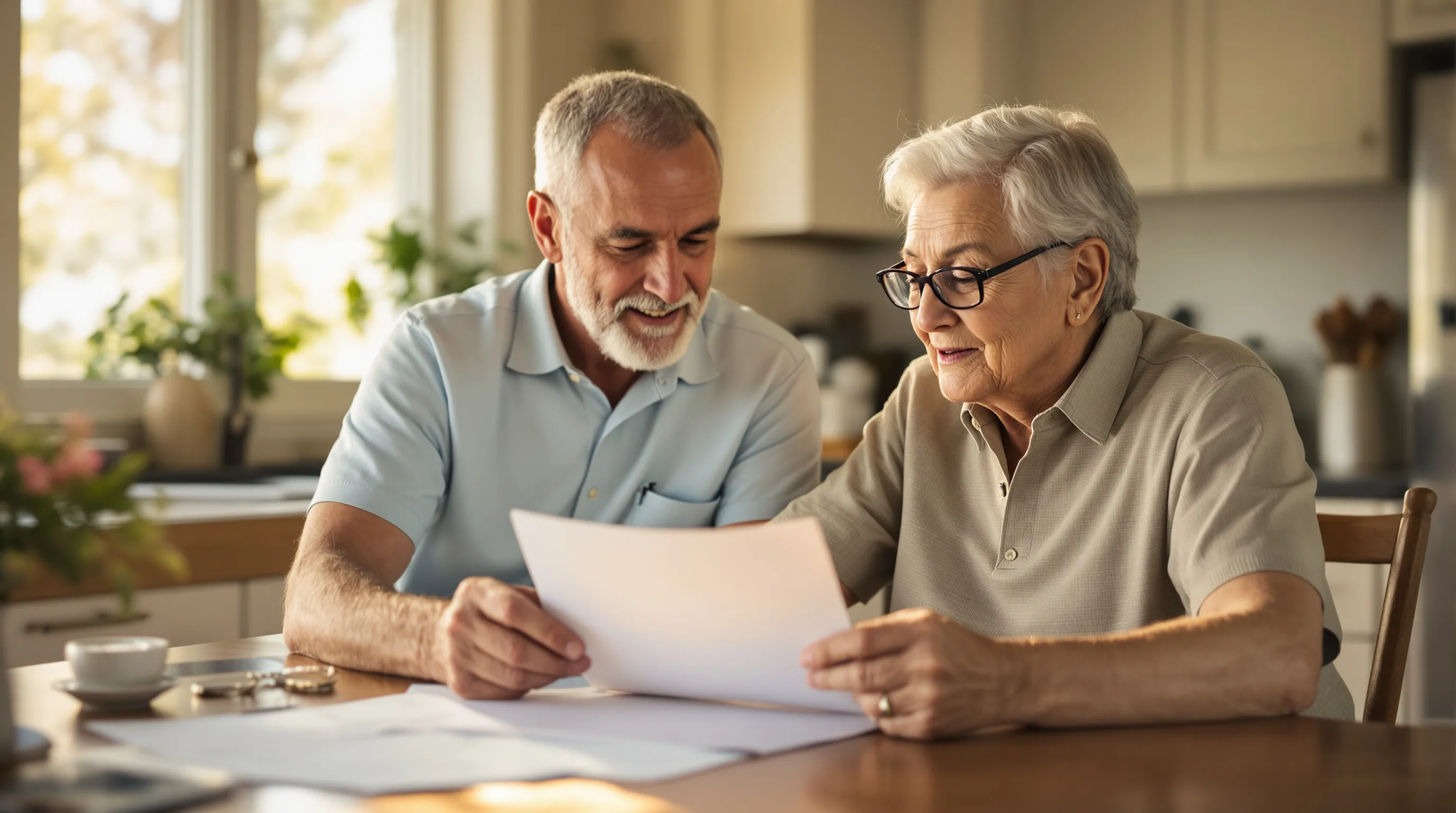 Adult caregiver and elderly parent reviewing Structured Family Caregiving paperwork at a kitchen table in a Southern home