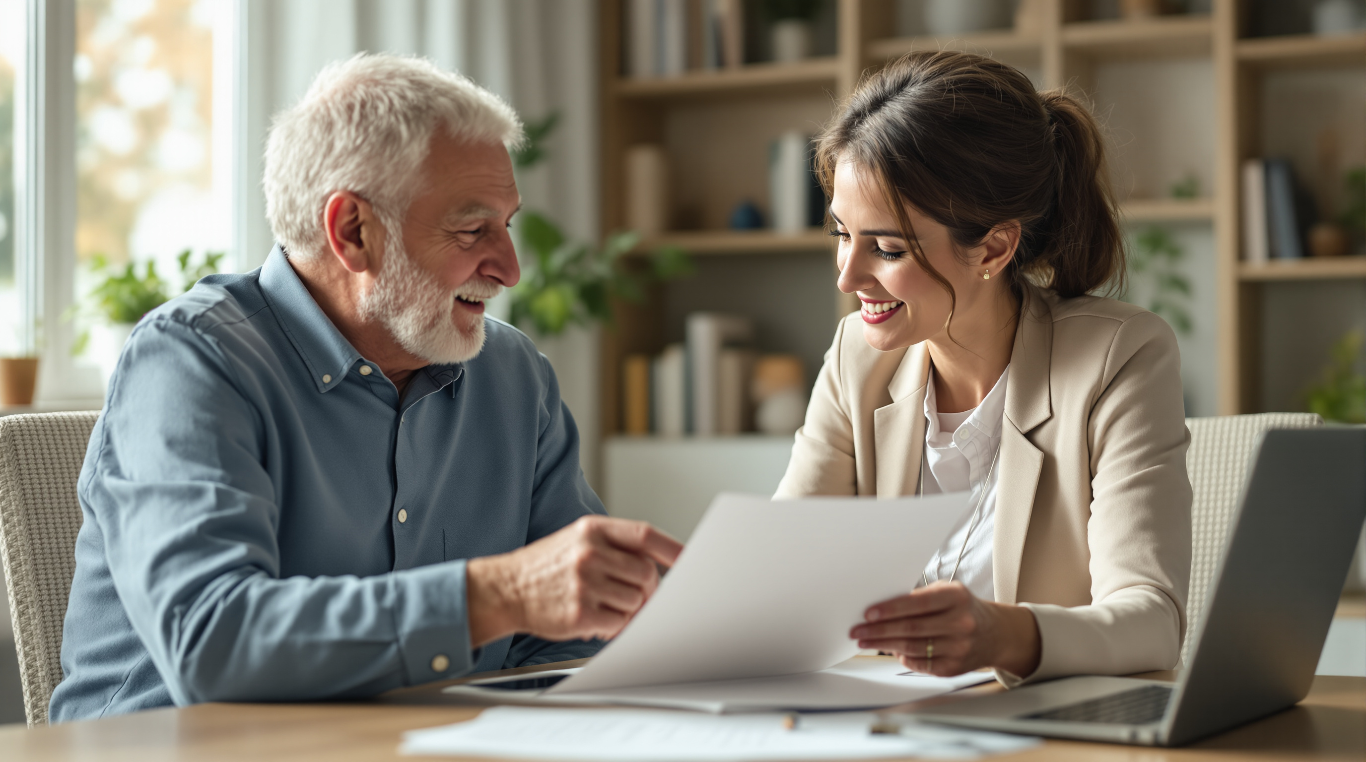 A patient advocate reviews disability benefit paperwork with a senior patient in a professional office setting