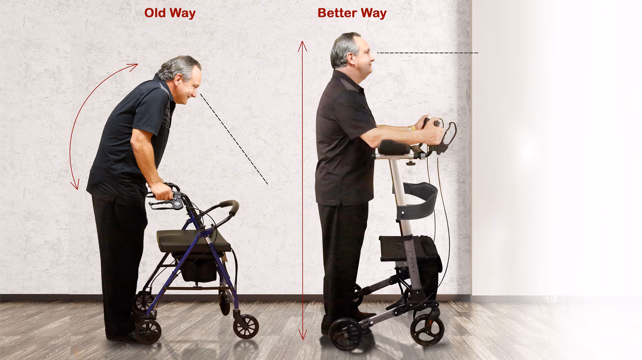 Upright walkers compared to standard walkers