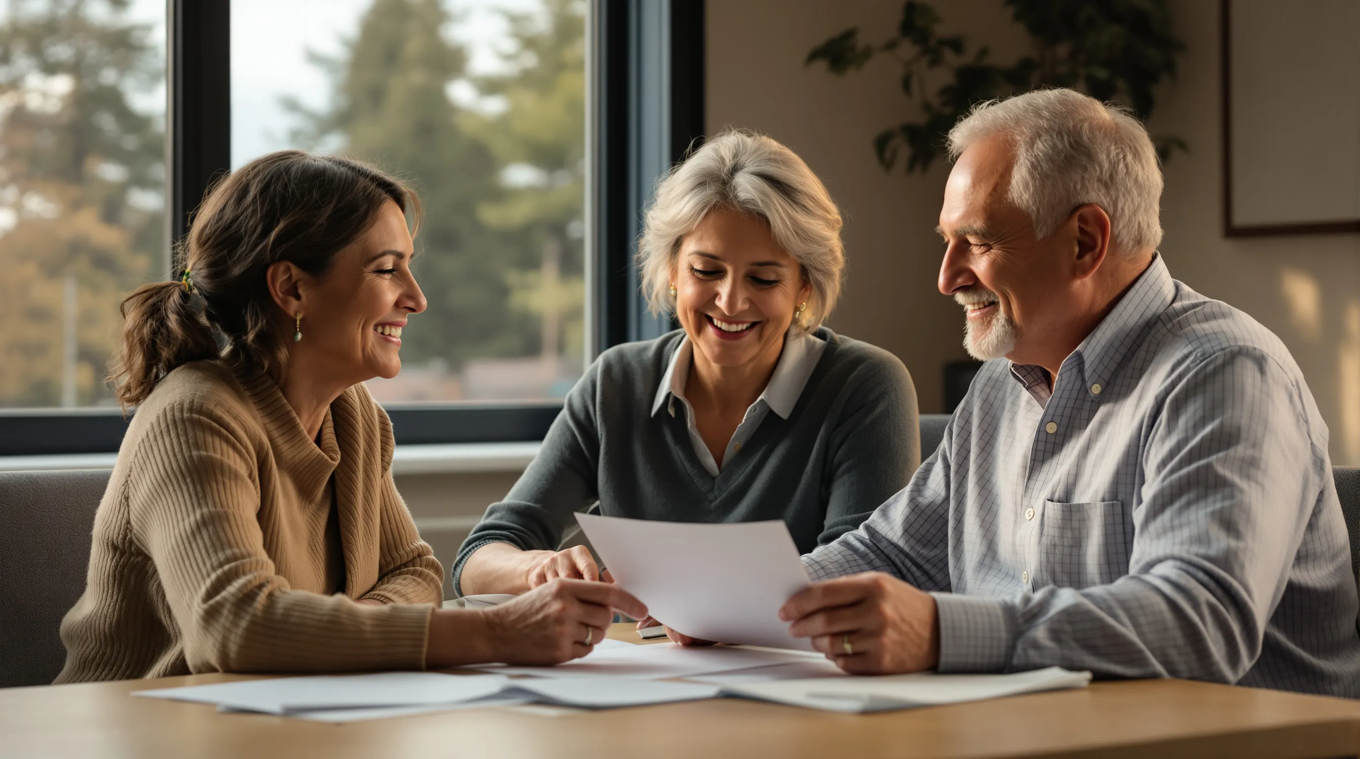 Medicare counselor reviewing program eligibility documents with a senior couple at a community enrollment office