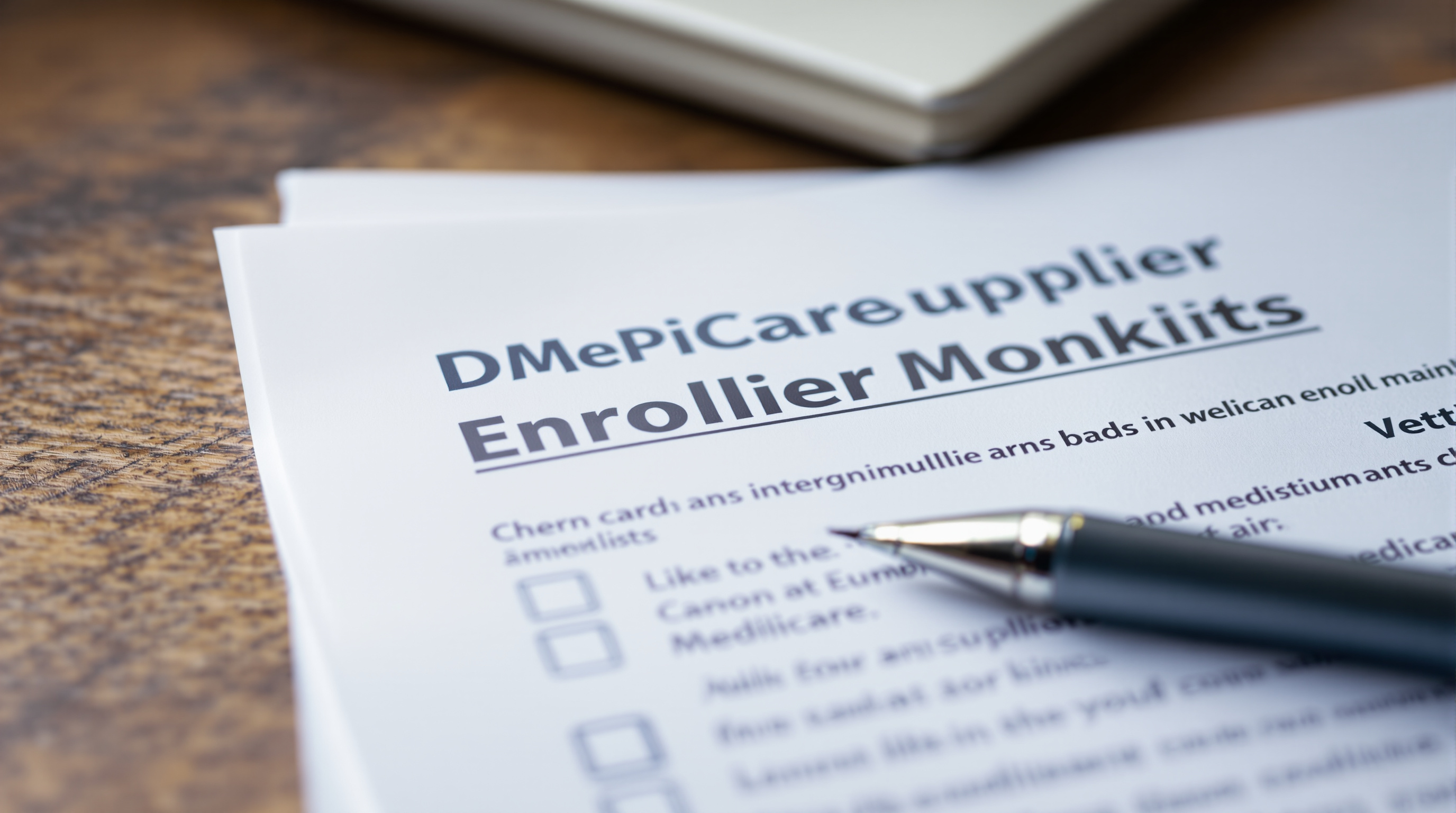 Medicare card and DMEPOS supplier enrollment documents with a vetting checklist on a desk