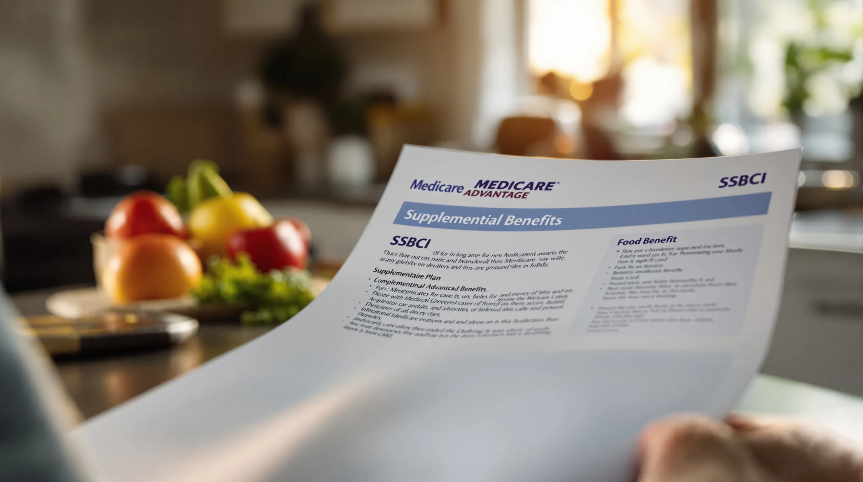 Medicare Advantage EOC document open to grocery benefit section alongside a flex card