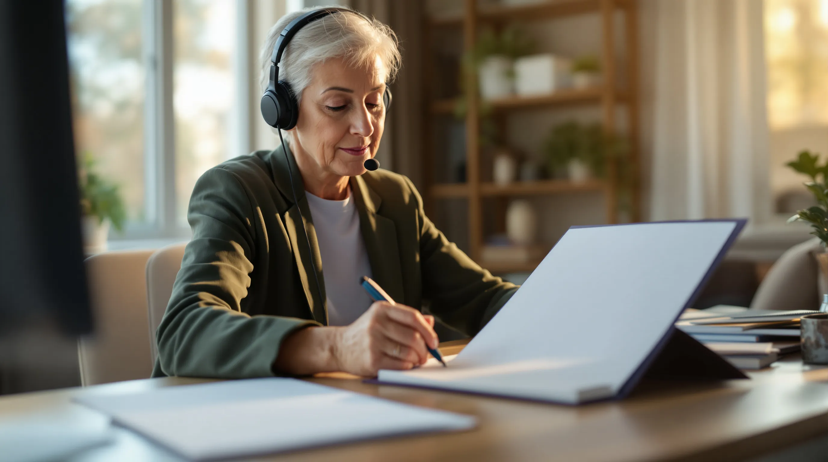 Patient advocate with a headset marking a medical bill and preparing appeal paperwork at a desk