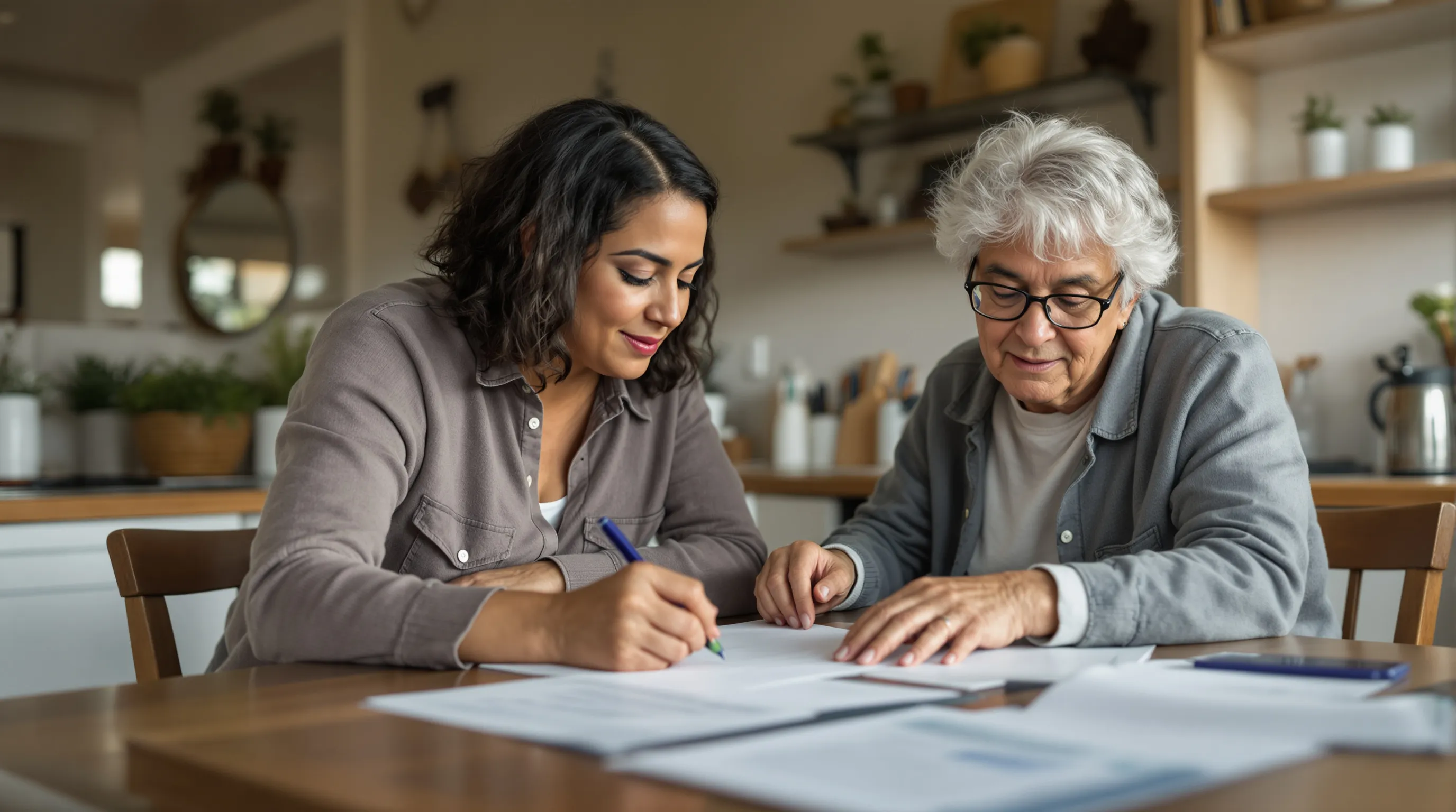 Family caregiver helping elderly relative complete Texas Medicaid CDS enrollment paperwork