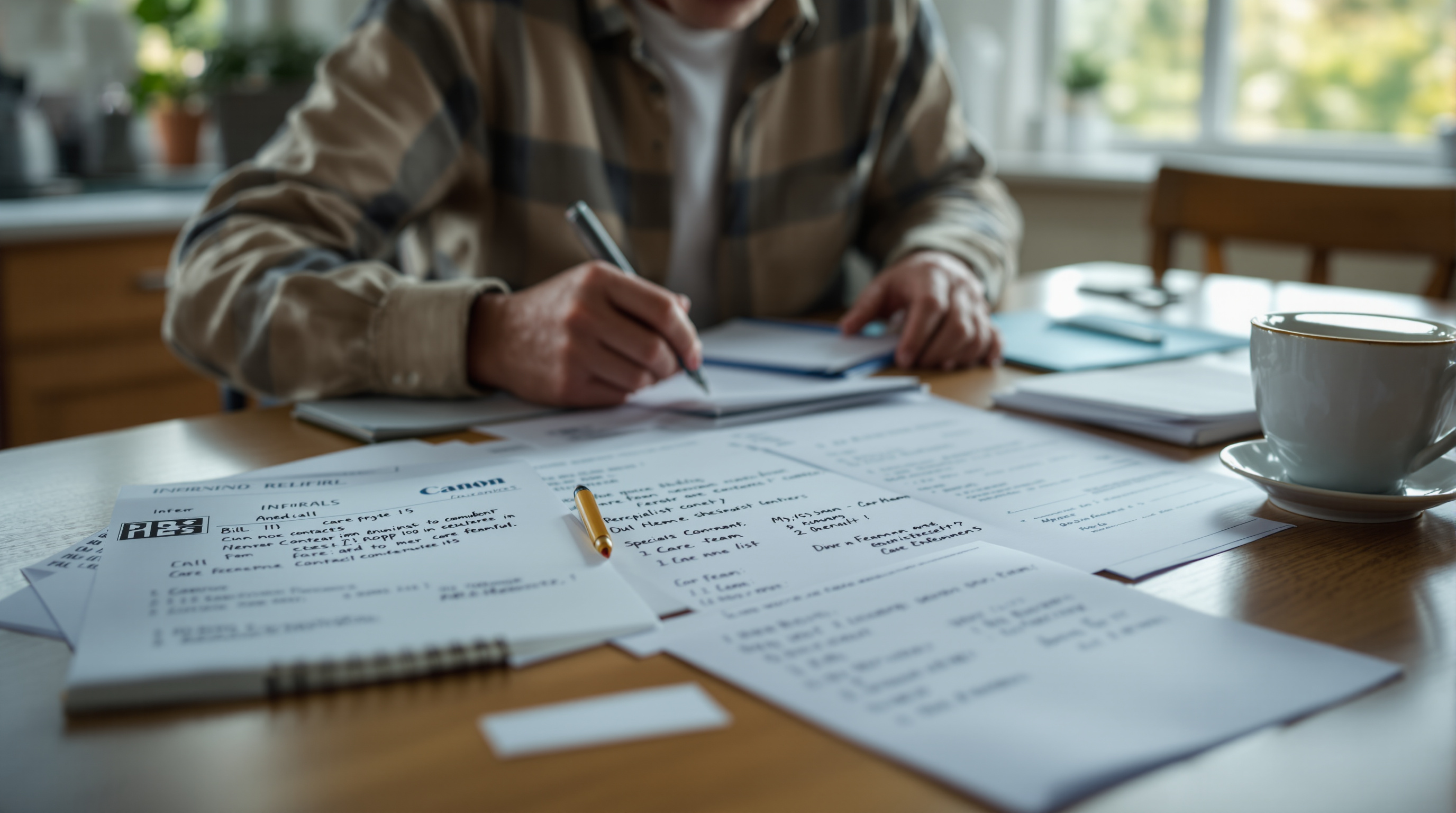 A Medicare patient reviewing care coordination documents and specialist referral letters at home