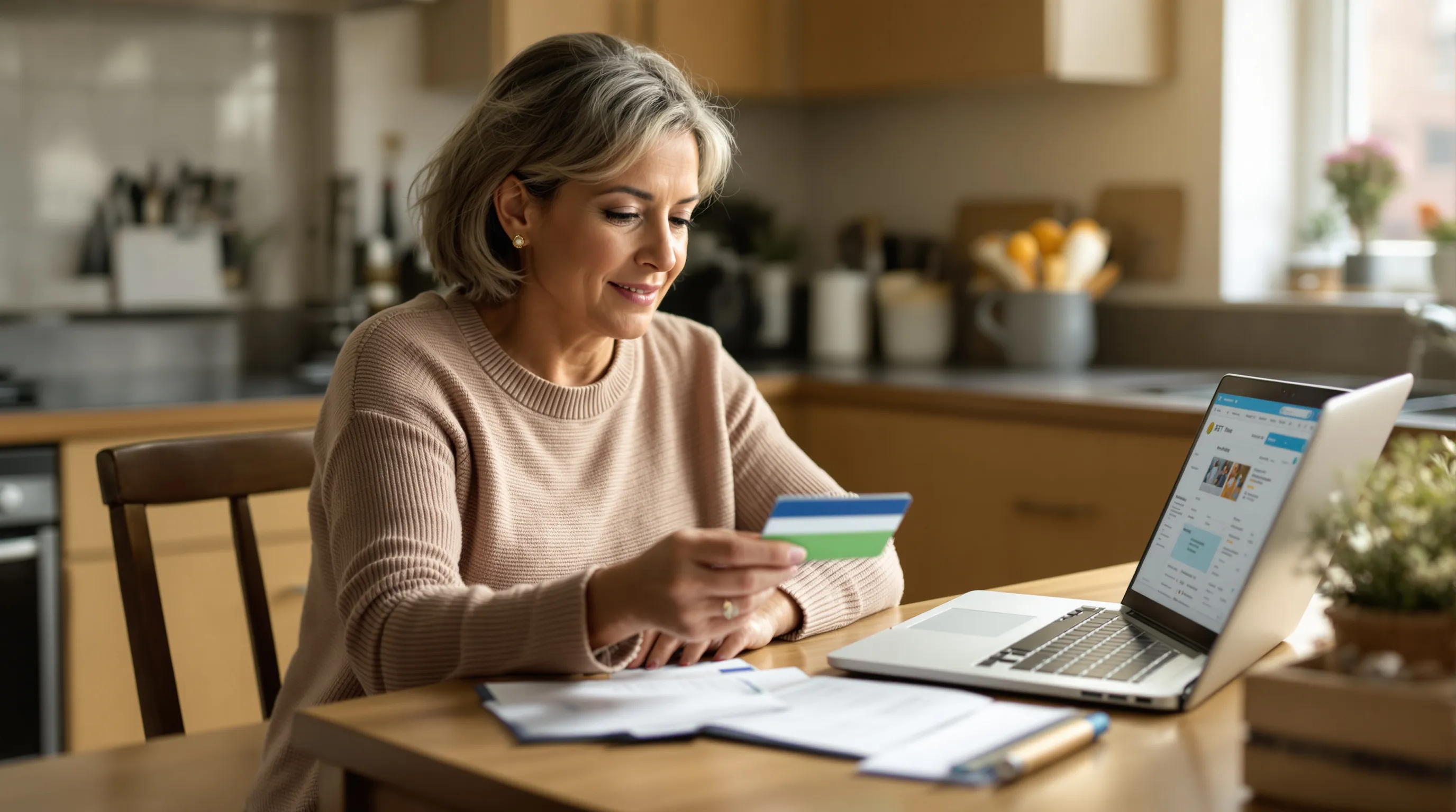 Woman comparing her Medicaid insurance card and EBT food benefits card at a kitchen table