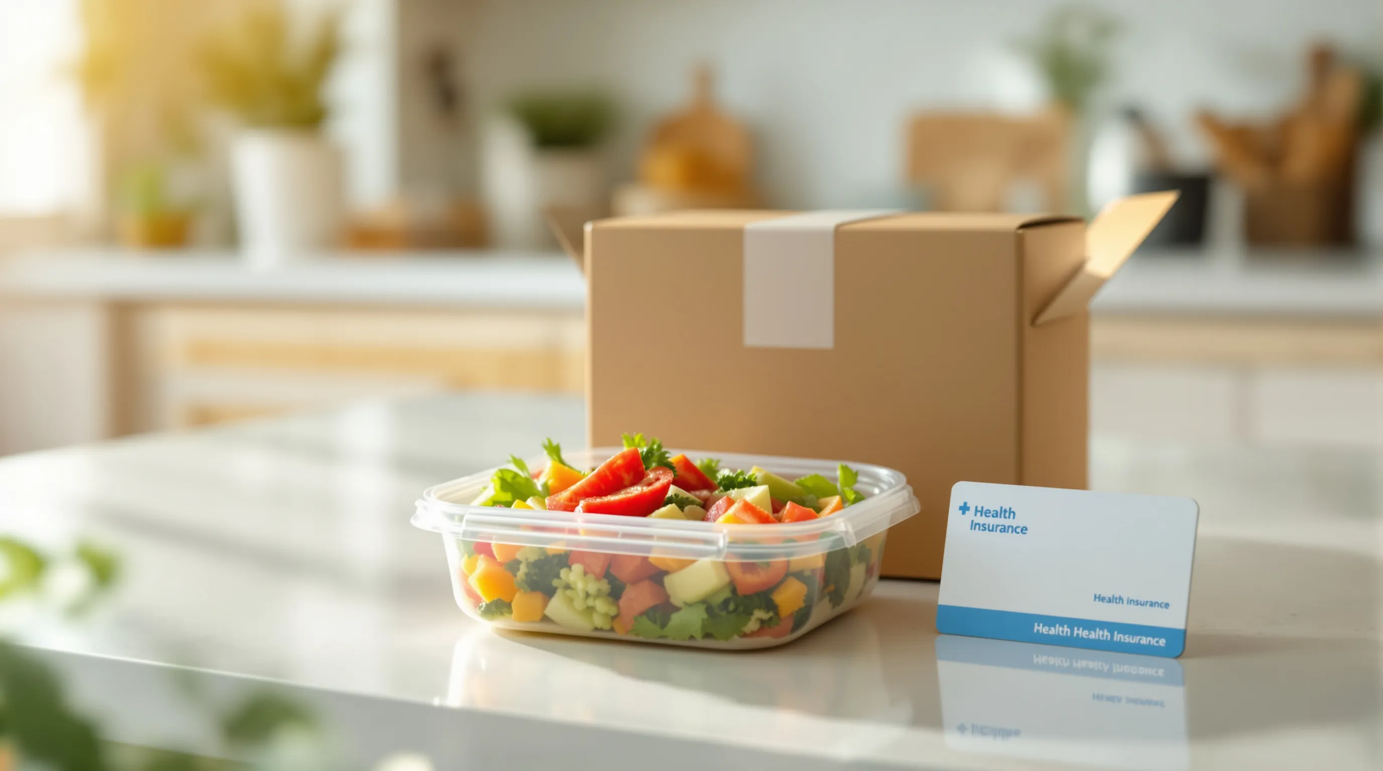 A prepared meal, delivery box, and insurance card on a kitchen counter