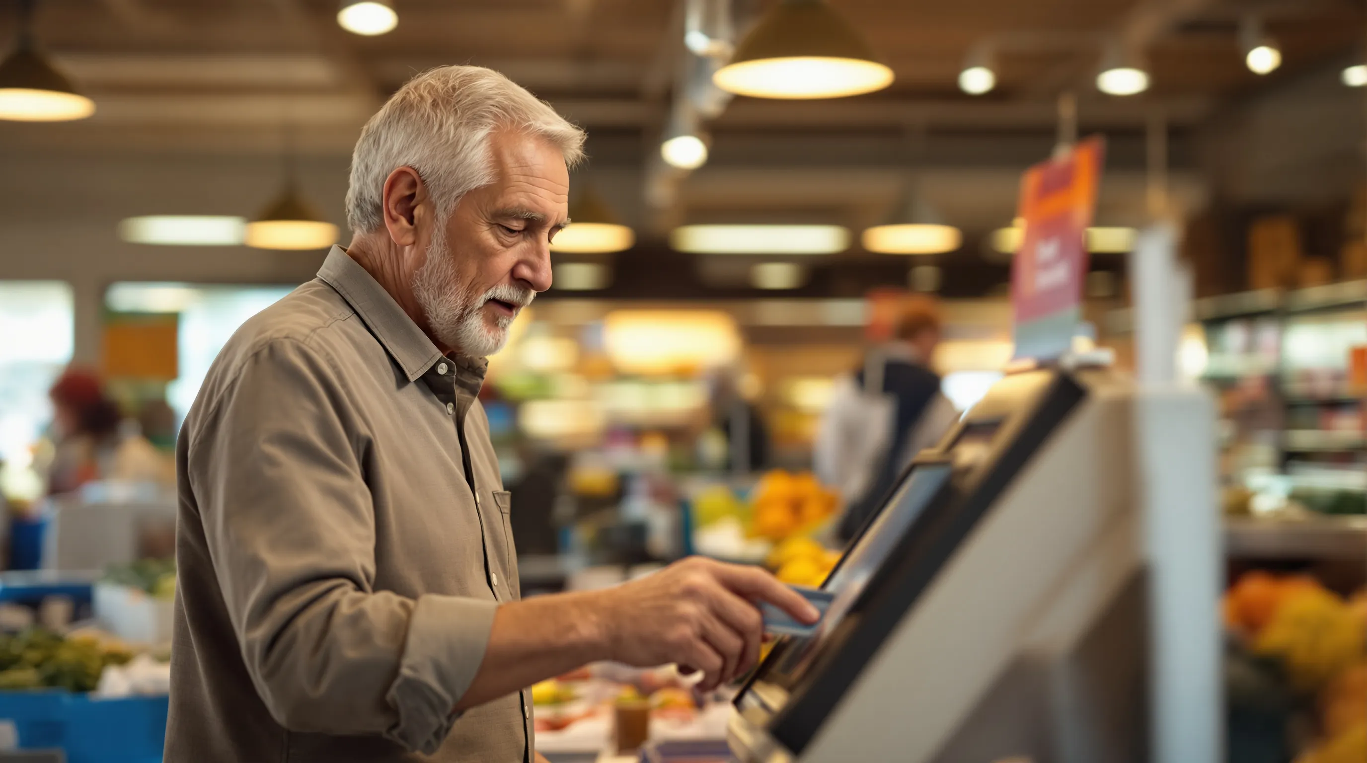 Senior man using an EBT card at a grocery store checkout terminal to keep his SNAP account active