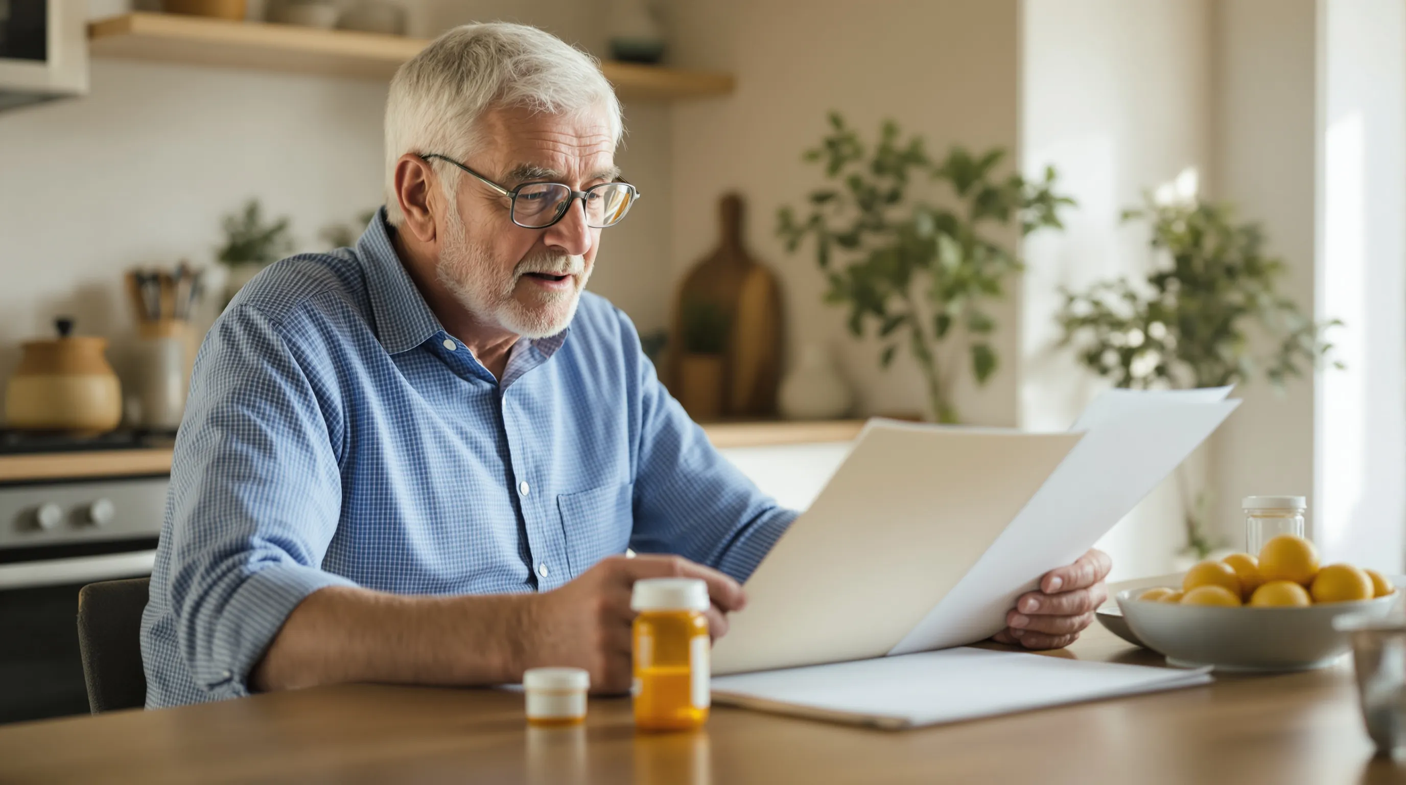 Senior patient reviewing Medicare insurance documents alongside two prescription medication bottles at kitchen table