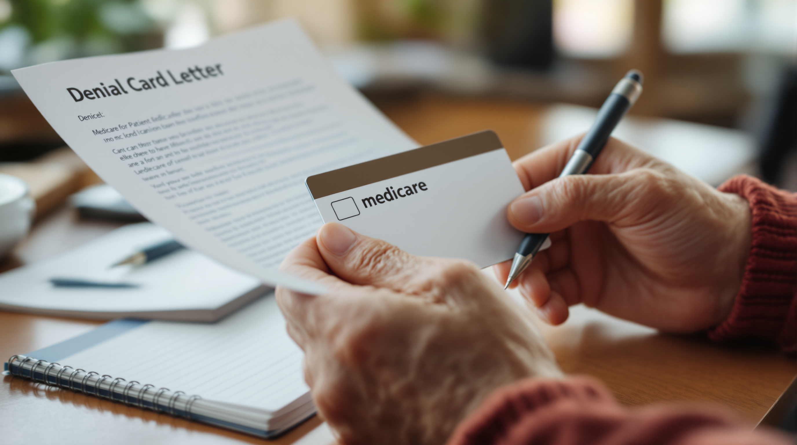 Senior holding Medicare card and denial letter while a patient advocate reviews authorization paperwork