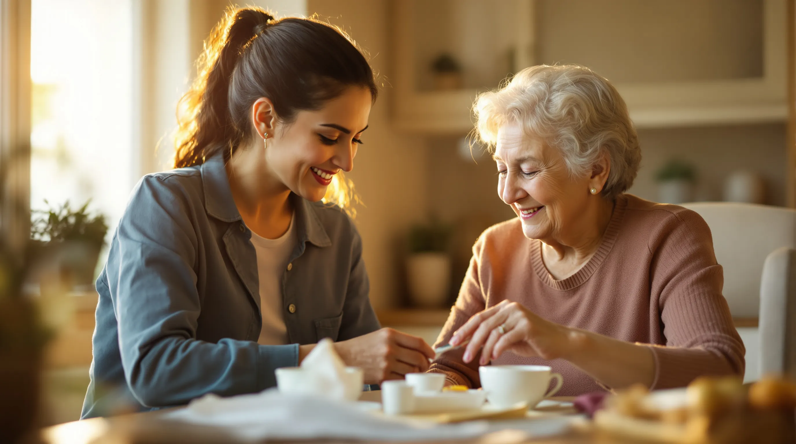 An adult daughter helping her elderly mother at home through Illinois Home Services Program