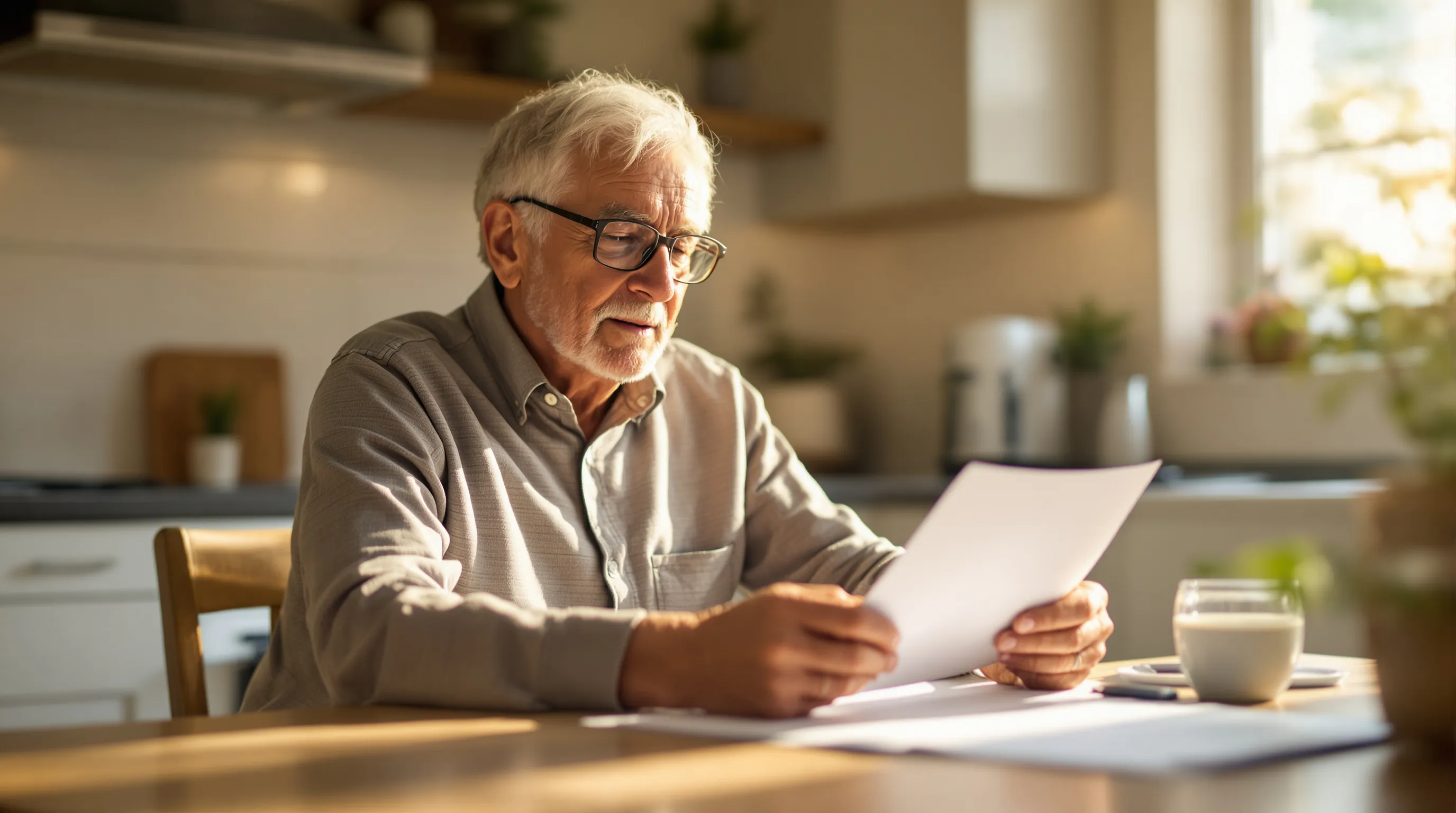 Older adult at kitchen table reviewing Medicare Advantage plan documents and benefits card
